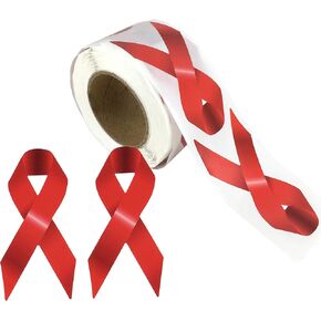 250 pcs Red Ribbon Stickers Envelopes Tag for Cards Awareness Week Adhesive Labels Roll, 3 x 1 1/2 Inches