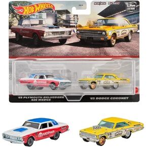 1963 Plymouth Belvedere 426 Wedge MOPAR White and Red with Blue Top and 1965 Dodge Coronet Eastbound and Crowned Yellow and White Car Culture Set of 2 Cars Diecast Model Cars by Hot Wheels