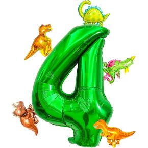 Lilyzheng Barge Dinosaur Balloon رقم 3 ، 40 بوصة بالون غامق رقائق خضراء و 5 بالونات ديناصورات صغيرة لزخارف عيد ميلاد الدينو الثالثة ولوازم الحفلات الدينو الأولاد والبنات