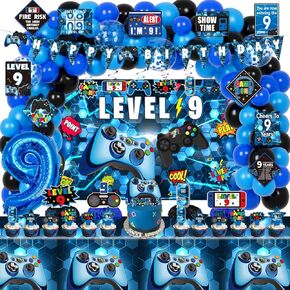 9th Birthday Decorations for Boys, 148Pcs Blue Video Game level 9 Party Supplies for Boy 9th Birthday - Backdrop, Banner, Balloons, Tablecloth, Centerpieces, Hanging Swirls, Wall Signs