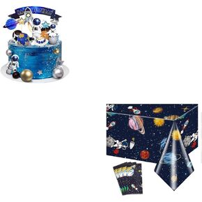 32 Pcs Space Cake Toppers and 4 pcs Outer Space Plastic Table Cloths