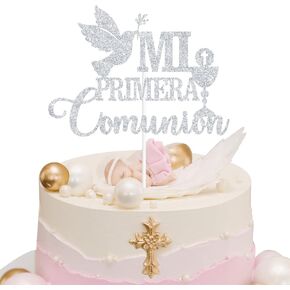 Mi Primera Comunion Cake Topper ، الإسبانية Mi Bautizo Cake Décor ، زفاف/تأكيد/مستلزمات حفلات استحمام الطفل ، لامع الفضة