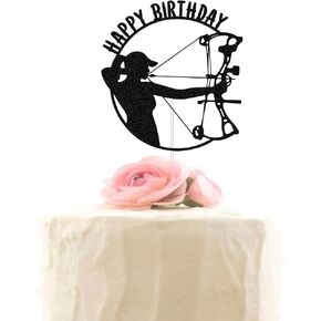 XIUHUBA Female Archer Happy Birthday Cake Topper, Bow & Arrow, Bow Hunting Theme Birthday Cake Decors, Archery Lovers Birthday Party Decorations Black Glitter