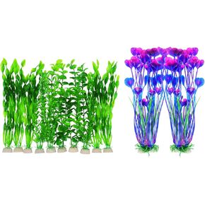 AQUANEAT Fish Tank Artificial Plants, Aquarium Plants Plastic,Fish Tank Decorations, Multi Shape, 10packs Bundle with 2pcs Purple Plans
