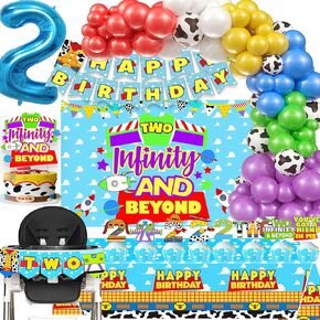 اثنان 2 Infinity & Beyond Decorts Decortations Cartoon Story Supplies 2nd عيد ميلاد تشمل خلفية Banner Cake Cupcake على كرسي أعلى البالونات لافتة اثنين