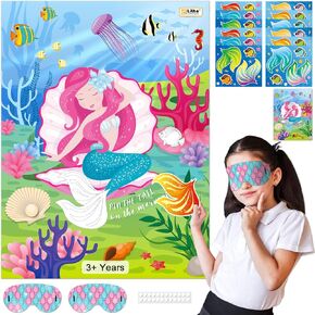 Pin The Tail on The Mermaid Party Game - 24 Tail & Fish Stickers, 21 x 28 Inch Mermaid Poster for Kids' Birthday Parties & School Activities