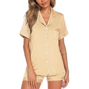 Aamikast Button Up Pajama Set for Women Shorts Short Sleeve Knit Sleepwear 2 Pice Pjs Sets in Kuwait