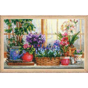RIOLIS - Windowsill with Flowers 1669, Floral Cross Stitch Kits 15¾"x9¾, Cross Stitch Kits for Beginners & Advanced, Crossstitching Kits Adult, Counted Stitching Kits, Flowers Embroidery Kit