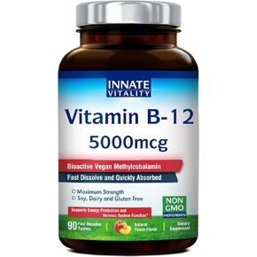 Innate Vitality Vitamin B12 5000mcg, Vegan Methylcobalamin, Fast Dissolve Tablets, Natural Peach Flavor, Supports Energy Production & Healthy Nervous System, 90 Tablets