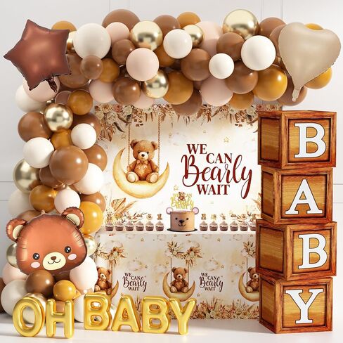 Teddy Bear Baby Shower Decorations for Boy Girl Bear Themed Birthday Party Supplies We Can Bearly Wait Backdrop Wood Grain Baby Boxes with Letters Balloon Arch for Gender Reveal Boy Baby Shower Decor in Saudi Arabia
