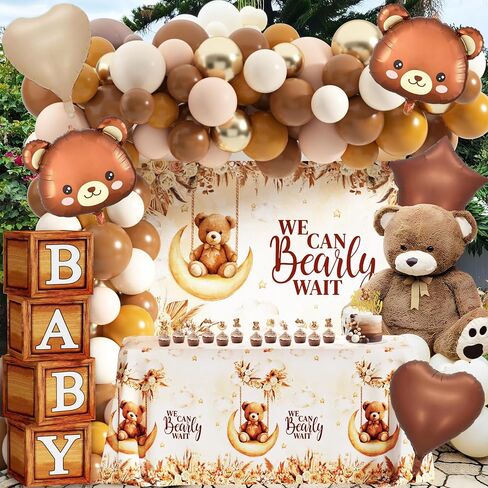 Teddy Bear Baby Shower Decorations for Boy Girl Bear Themed Birthday Party Supplies We Can Bearly Wait Backdrop Wood Grain Baby Boxes with Letters Balloon Arch for Gender Reveal Boy Baby Shower Decor in Saudi Arabia