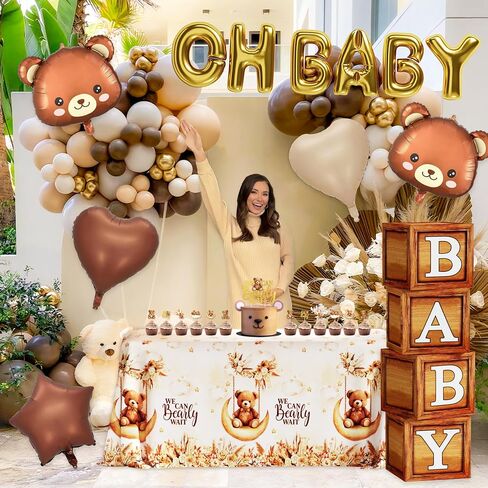 Teddy Bear Baby Shower Decorations for Boy Girl Bear Themed Birthday Party Supplies We Can Bearly Wait Backdrop Wood Grain Baby Boxes with Letters Balloon Arch for Gender Reveal Boy Baby Shower Decor in Saudi Arabia