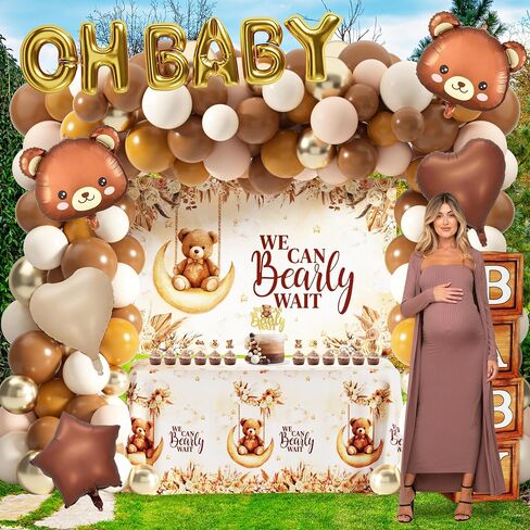 Teddy Bear Baby Shower Decorations for Boy Girl Bear Themed Birthday Party Supplies We Can Bearly Wait Backdrop Wood Grain Baby Boxes with Letters Balloon Arch for Gender Reveal Boy Baby Shower Decor in Saudi Arabia