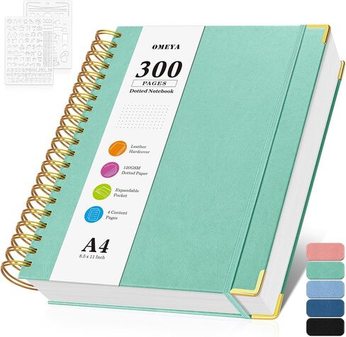 Bullet Dotted Journal Spiral Notebook, 300 Pages Leather Notebooks with Contens, 120 GSM Thick No Bleed Through Paper Journals, A4 Large Dot Grid Notebook for Women Men Work Writing, 8.5" x 11", Green in Kuwait