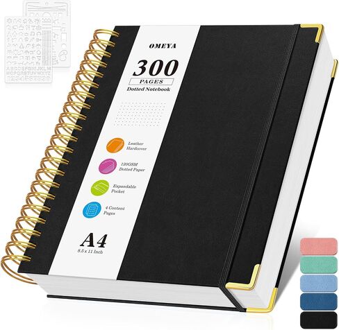 Bullet Dotted Journal Spiral Notebook, 300 Pages Leather Notebooks with Contens, 120 GSM Thick No Bleed Through Paper Journals, A4 Large Dot Grid Notebook for Women Men Work Writing, 8.5" x 11", Green in Kuwait