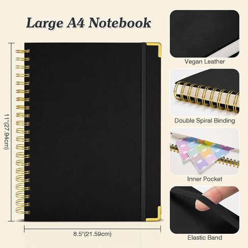 Bullet Dotted Journal Spiral Notebook, 300 Pages Leather Notebooks with Contens, 120 GSM Thick No Bleed Through Paper Journals, A4 Large Dot Grid Notebook for Women Men Work Writing, 8.5" x 11", Green in Kuwait