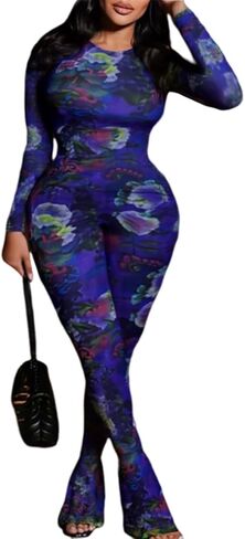 Uni Clau Women’s Sexy 2 Piece Set Floral Print See Through Mesh Long Sleeve Crew Neck Tops and Long Pants Sets Matching Set in Kuwait