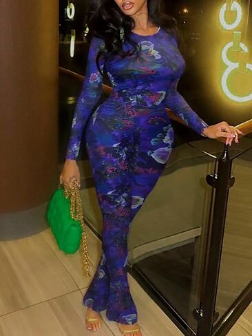 Uni Clau Women’s Sexy 2 Piece Set Floral Print See Through Mesh Long Sleeve Crew Neck Tops and Long Pants Sets Matching Set in Kuwait