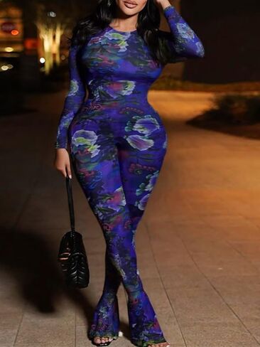Uni Clau Women’s Sexy 2 Piece Set Floral Print See Through Mesh Long Sleeve Crew Neck Tops and Long Pants Sets Matching Set in Kuwait