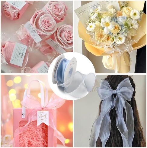 5 Yards 1 1/2 Inch White Faux Pearl Edge Ribbon Organza Mesh Smooth Ribbon Fishtail Sheer Transparent Ribbons Bundle Rolls with Spool for Sewing Making Crafts Corsage Wedding Invition Supply in Saudi Arabia