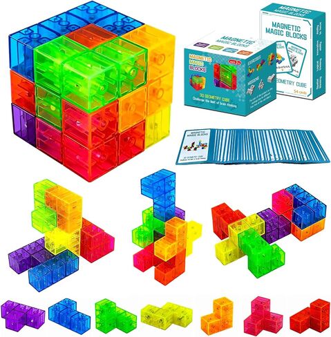 Magnetic Building Blocks Magic Magnetic 3D Puzzle Cubes, Set of 7 Multi Shapes Magnetic Blocks with 54 Guide Cards,Parent-Child Interactive Children's Educational Toys (14color) in Kuwait