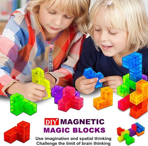Magnetic Building Blocks Magic Magnetic 3D Puzzle Cubes, Set of 7 Multi Shapes Magnetic Blocks with 54 Guide Cards,Parent-Child Interactive Children's Educational Toys (14color) in Kuwait