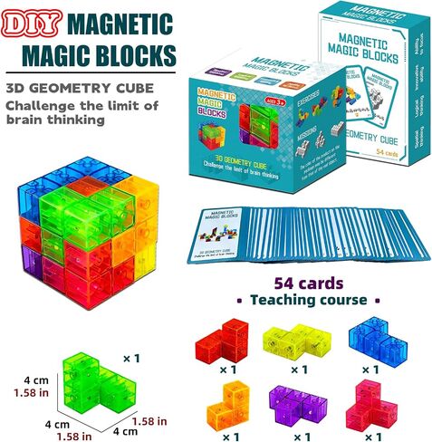 Magnetic Building Blocks Magic Magnetic 3D Puzzle Cubes, Set of 7 Multi Shapes Magnetic Blocks with 54 Guide Cards,Parent-Child Interactive Children's Educational Toys (14color) in Kuwait