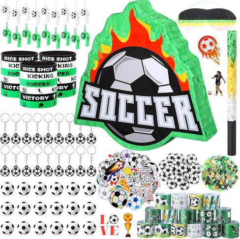 162 Pcs Soccer Piñata Soccer Party Favors with Blindfold Confetti Bat Mini Stress Balls Keychains Wristbands Whistles Eraser Slap Bracelet Stickers Sports Piñata Birthday Party Decorations in Kuwait