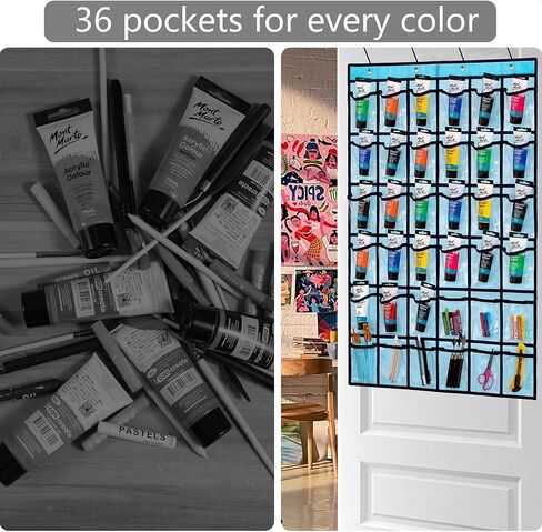 TEMUORG Hanging Acrylic Paint Tubes Organizer Over The Door Art Supplies Storage Markers 36 Pocket Holder for Pastels Crayons Brushes Tools (Grey) in Kuwait