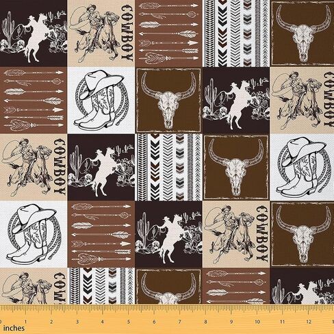 Western Cowboy Fabric by The Yard Cow Skull Cowboy Boots Hat Decor Fabric for Sewing Lovers Brown Grid Wild Cactus Tribal Arrow Fabric for DIY Upholstery and Home Accents 1 Yard,36" L x 59" W in Kuwait