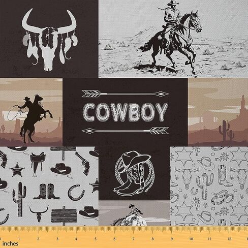 Western Cowboy Fabric by The Yard Cow Skull Cowboy Boots Hat Decor Fabric for Sewing Lovers Brown Grid Wild Cactus Tribal Arrow Fabric for DIY Upholstery and Home Accents 1 Yard,36" L x 59" W in Kuwait