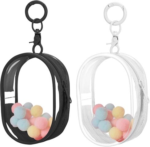 Huakaile 2 Pieces Clear Figure Display Bag with Keychain, Clear Pouch Keychain with Zipper & Fur Balls, Mini Doll Pouch Carrying Case for Blind Box Storage Collectibles (2 PCS, White, Black) in Saudi Arabia