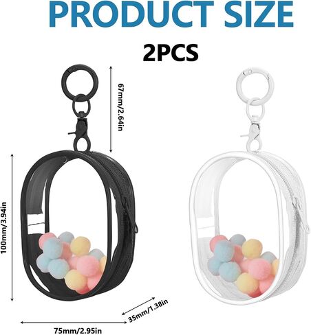 Huakaile 2 Pieces Clear Figure Display Bag with Keychain, Clear Pouch Keychain with Zipper & Fur Balls, Mini Doll Pouch Carrying Case for Blind Box Storage Collectibles (2 PCS, White, Black) in Saudi Arabia