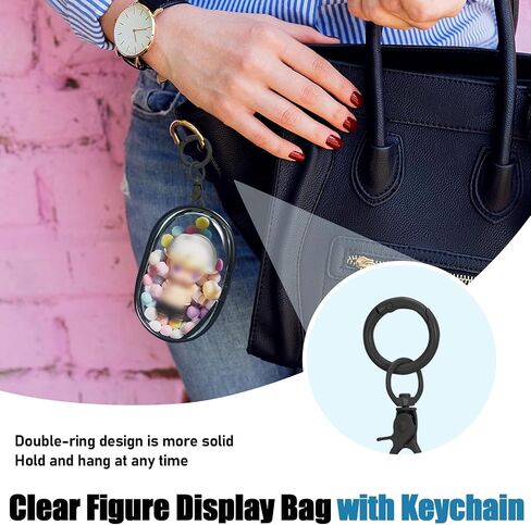 Huakaile 2 Pieces Clear Figure Display Bag with Keychain, Clear Pouch Keychain with Zipper & Fur Balls, Mini Doll Pouch Carrying Case for Blind Box Storage Collectibles (2 PCS, White, Black) in Saudi Arabia