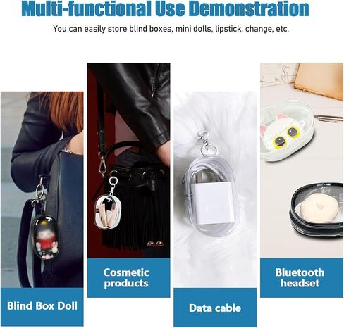 Huakaile 2 Pieces Clear Figure Display Bag with Keychain, Clear Pouch Keychain with Zipper & Fur Balls, Mini Doll Pouch Carrying Case for Blind Box Storage Collectibles (2 PCS, White, Black) in Saudi Arabia