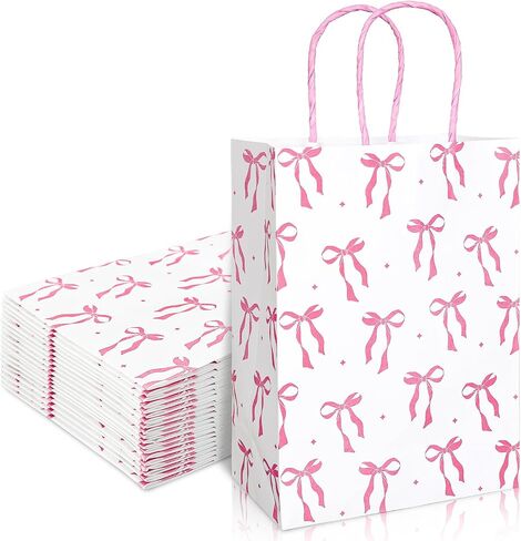 Whaline 24 Pcs Coquette Pink Bow Paper Gift Bags with Handle Cute Bow Knot Goodie Candy Treat Bag for Party Tea Baby Shower Wedding Birthday Christmas Party Favor Wrapping Supplies, 5.9 x 8.3 x 3.1 In in Saudi Arabia