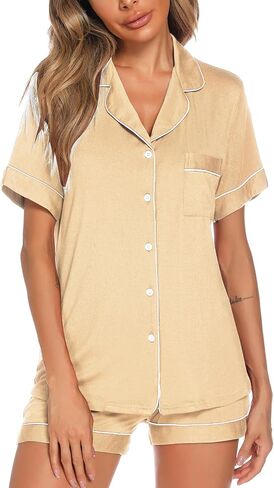 Aamikast Button Up Pajama Set for Women Shorts Short Sleeve Knit Sleepwear 2 Pice Pjs Sets in Kuwait