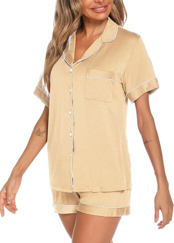 Aamikast Button Up Pajama Set for Women Shorts Short Sleeve Knit Sleepwear 2 Pice Pjs Sets in Kuwait