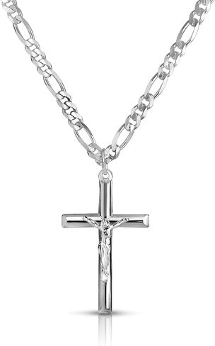 Verona Jewelers Men and Women 24" Stainless Steel 3.8MM Figaro Chain Necklace Crucifix Cross Pendant (Silver Color) in Kuwait