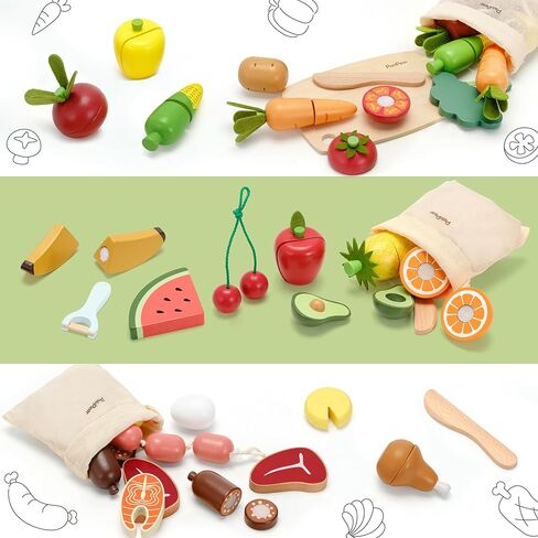 PairPear Wooden Toys Play Food Sets for Kids Kitchen, Kids Toy Food Cutting Meat Set for Toddlers 3+ Years Old, Pretend Food Play Kitchen Accessories for Girls and Boys in Kuwait