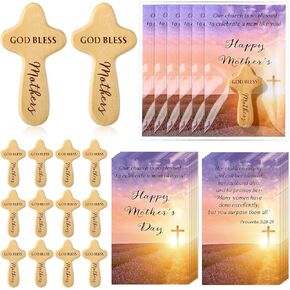 CraftyDream 20 Sets Mother's Day Gifts Christian Wooden Cross for Mom Wood Handheld Pocket Cross with Bible Card and Plastic Bags Christian Gifts for Church Mother Women