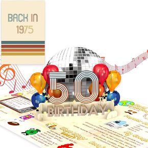 50th Birthday Card with Lights and Music - Vintage 1975 Pop Up Card with Light Up 3D Disco Ball and Musical Happy Birthday Song - Back In 75, 50 Year Old Funny Bday Cards For Women