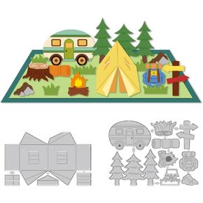 3D Camping Dies Cuts Metal Tree Car Tents Cutting Dies Card Making Cutting Dies Stencils Template for DIY Embossing Scrapbooking Craft Paper Greeting Card Birthday Gift Festival Decor