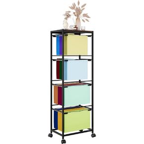 4 Tier Rolling File Cabinet Cart, Mobile Pull-Out File Folder Rack, Metal Utility Storage Cart with Wheels, Hanging File Folders Organizer for Home Office Classroom, Black