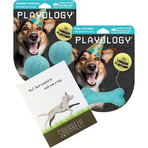 ألعاب عيد ميلاد Playology ألعاب الكلاب للكلاب الكبيرة | كل طبيعية زبدة الفول السوداني كعكة عيد ميلاد حزمة هدية معطرة | 2 كرات مضغ ، 1 عظم طبقة مزدوجة ، و 1 بطاقة تحية