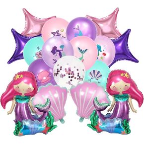 26Pcs Mermaid Party Balloon Decoration Self-Standing Mermaid Balloon Seashell Star Latex Foil Balloon Under The Sea Balloon Set for Birthday Party Backdrop Supplies