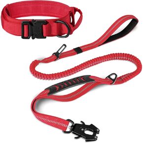 Joytale Tactical Dog Collar (17 "-21") ومجموعة مقود الكلاب ، ومقود الكلب الذي يمتص الصدمات وطوق الكلب القوي القابل للتعديل مع مقبض للكلاب الكبيرة (أحمر ، L)