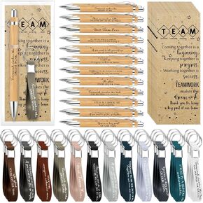 108 Pcs Volunteer Team Appreciation Gifts 36 Inspirational Wood Bamboo Pens with 36 Silicone Keychains 36 Teamwork Cards Thank You Gifts for Groups of Social Worker Employee Coworkers