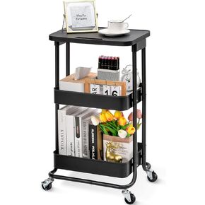 TOOLF 3 Tier Metal Rolling Storage Cart with Table Top, Lash Cart Organizer with Wheels, Pink Esthetician Cart for Spa Pedicure Nail Craft Supplies, Utility Cart for Bathroom Kitchen Laundry Bedside