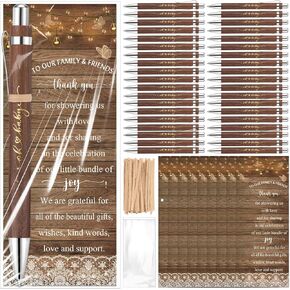 Spakon 72 Sets Rustic Baby Shower Pens for Guests Return Gifts Include 72 Walnut Bamboo Ballpoint Pens 72 Thank You Bookmarks Baby Shower Game Prizes Souvenirs Thank You Gifts Gender Reveal Party